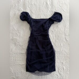 Windsor Women’s Navy Blue Mini Dress w Open Back Bow & Sheer Polka Dots Small